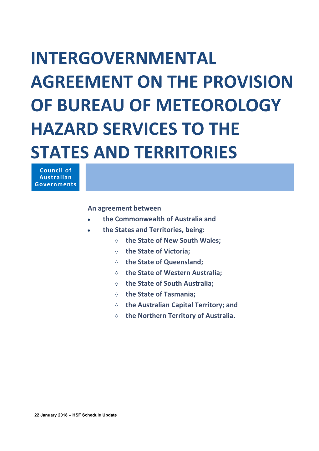 Intergovernmental Agreement on the Provision of Bureau of Meteorology Hazard Services To