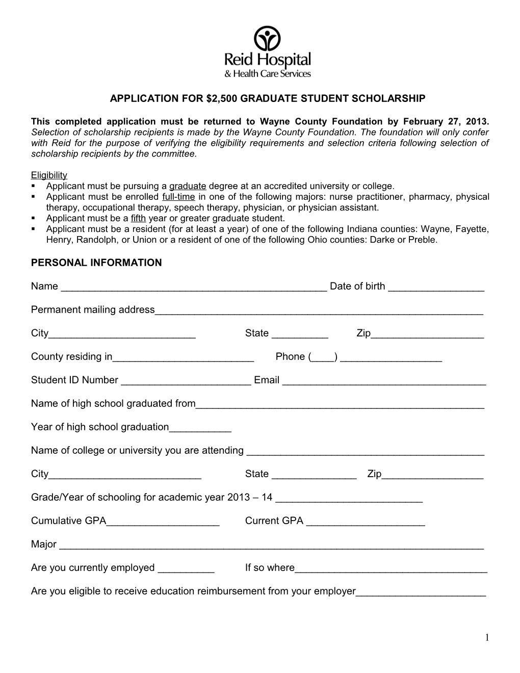 Application for $2,500 Graduate Student Scholarship