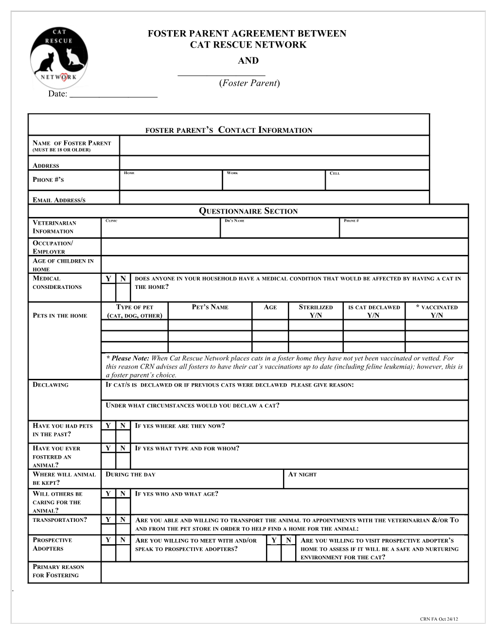 Foster Parent Agreement Between