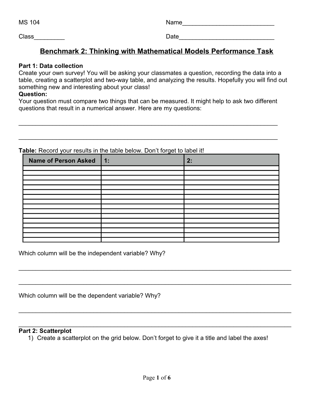 Benchmark 2: Thinking with Mathematical Models Performance Task