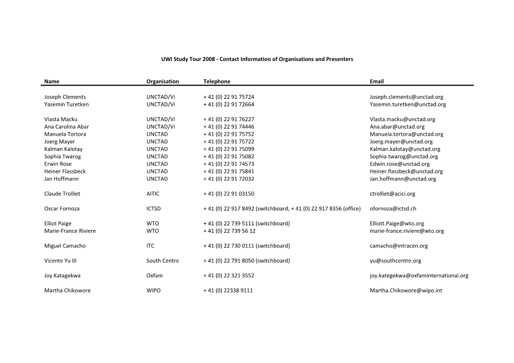 UWI Study Tour 2008 - Contact Information of Organisations and Presenters