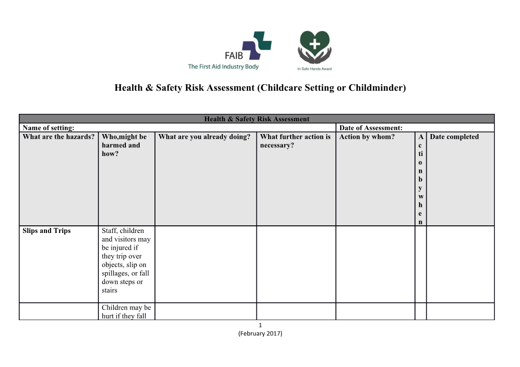 Health & Safety Risk Assessment (Childcare Setting Or Childminder)