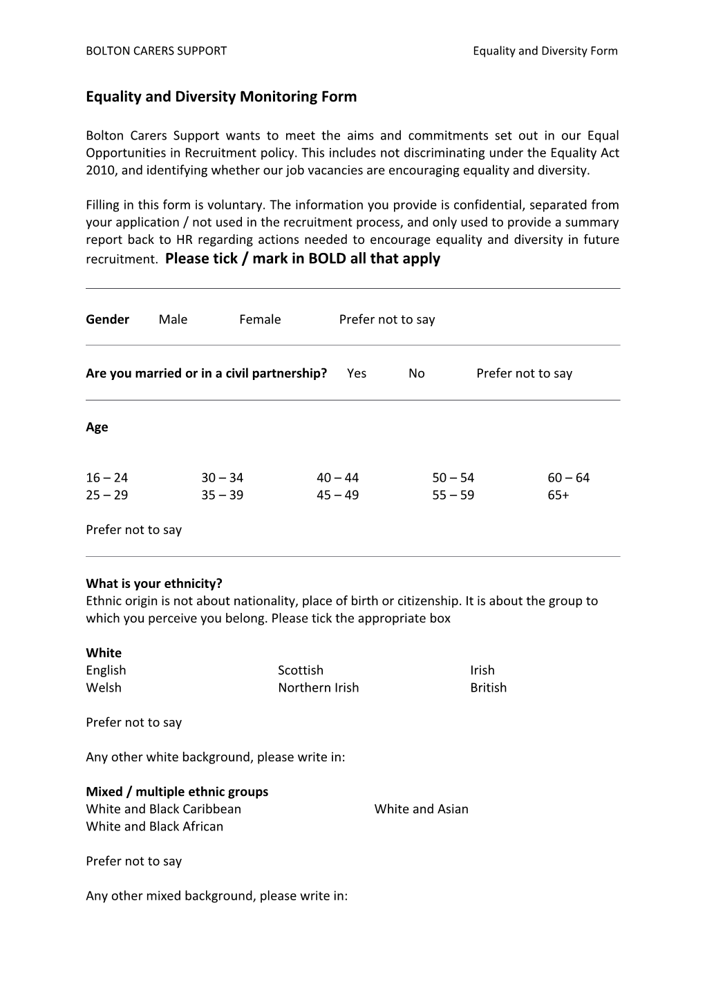 BOLTON CARERS SUPPORT Equality and Diversity Form