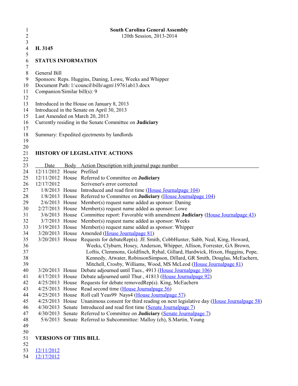 2013-2014 Bill 3145: Expedited Ejectments by Landlords - South Carolina Legislature Online