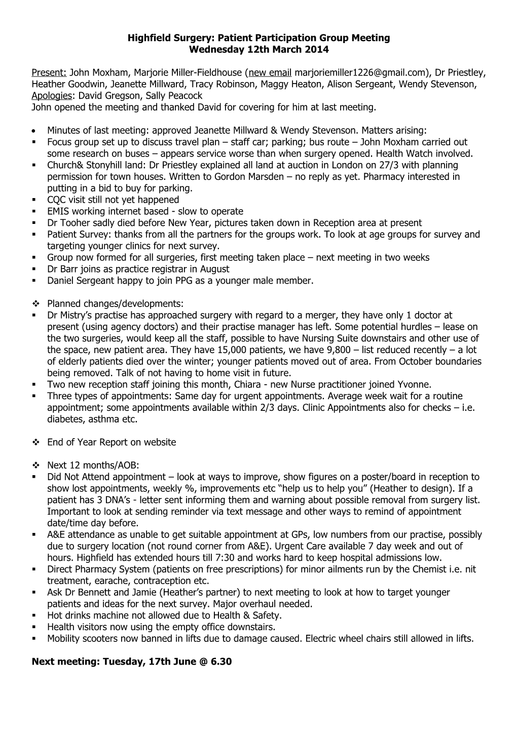 Highfield Surgery: Patient Participation Group Meeting