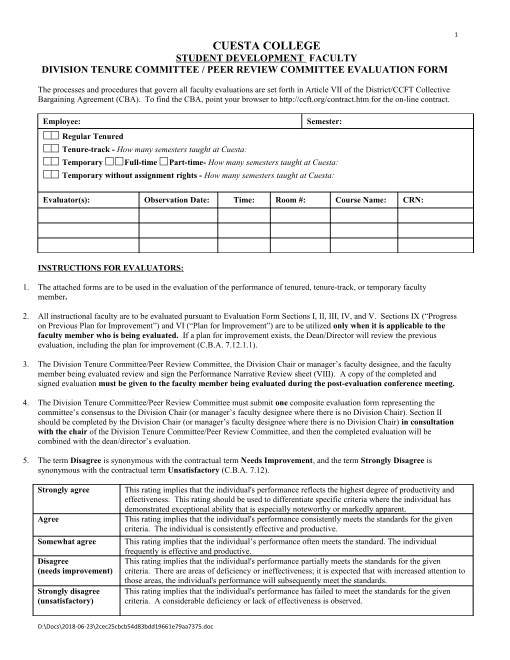 DIVISION TENURE COMMITTEE / Peer Review Committee Evaluation Form