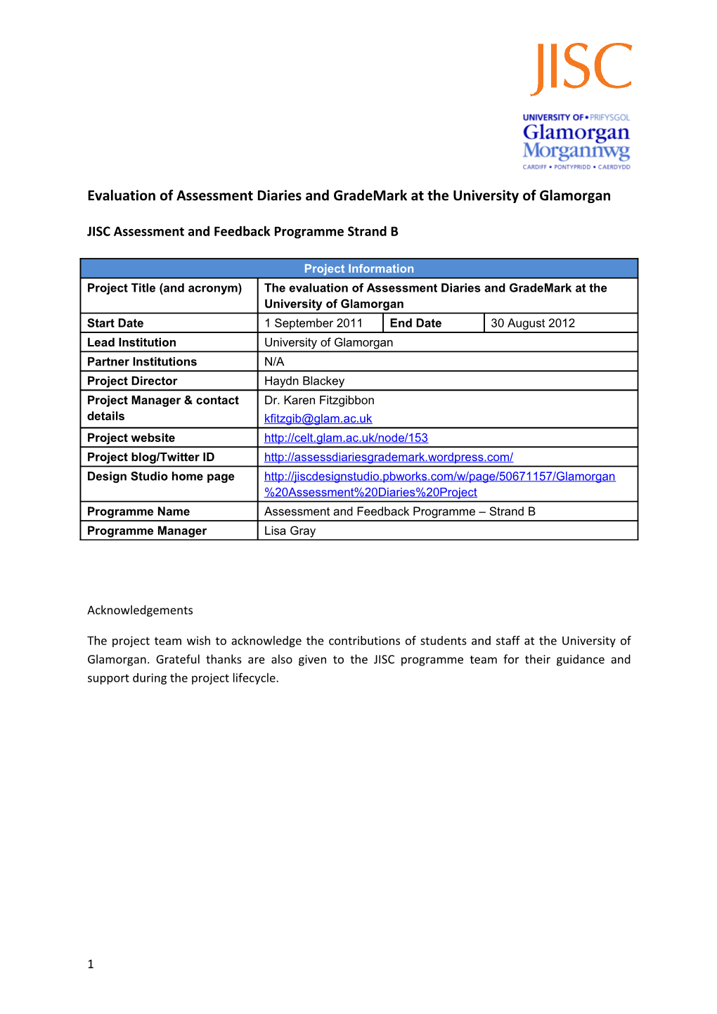 Evaluation of Assessment Diaries and Grademark at the University of Glamorgan