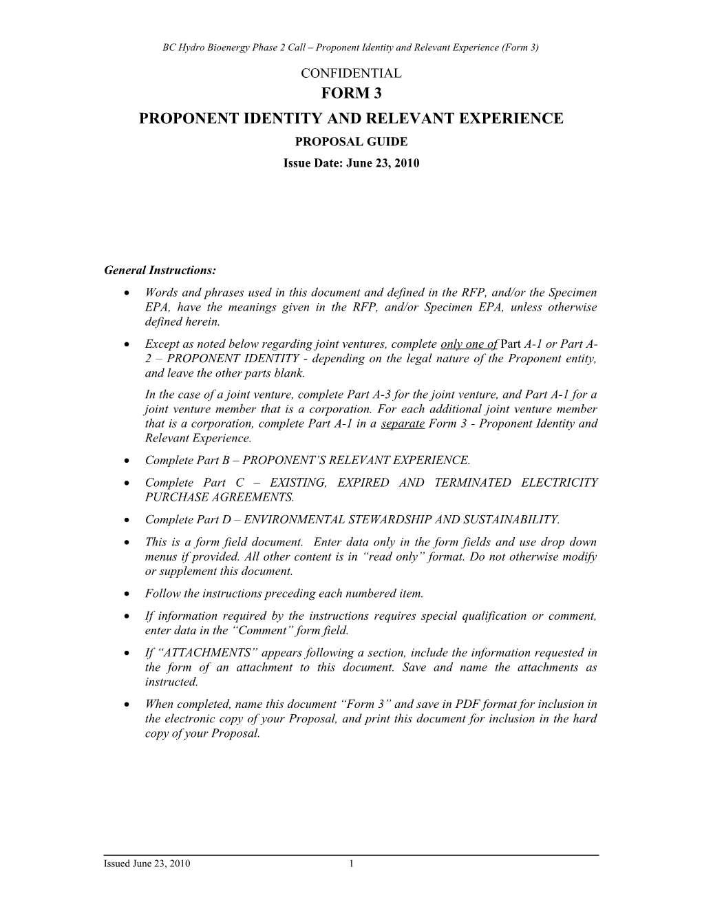 Proponent Identity and Relevant Experience (Form 3)