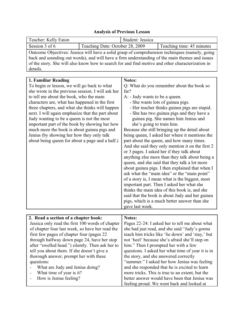 Analysis of Previous Lesson