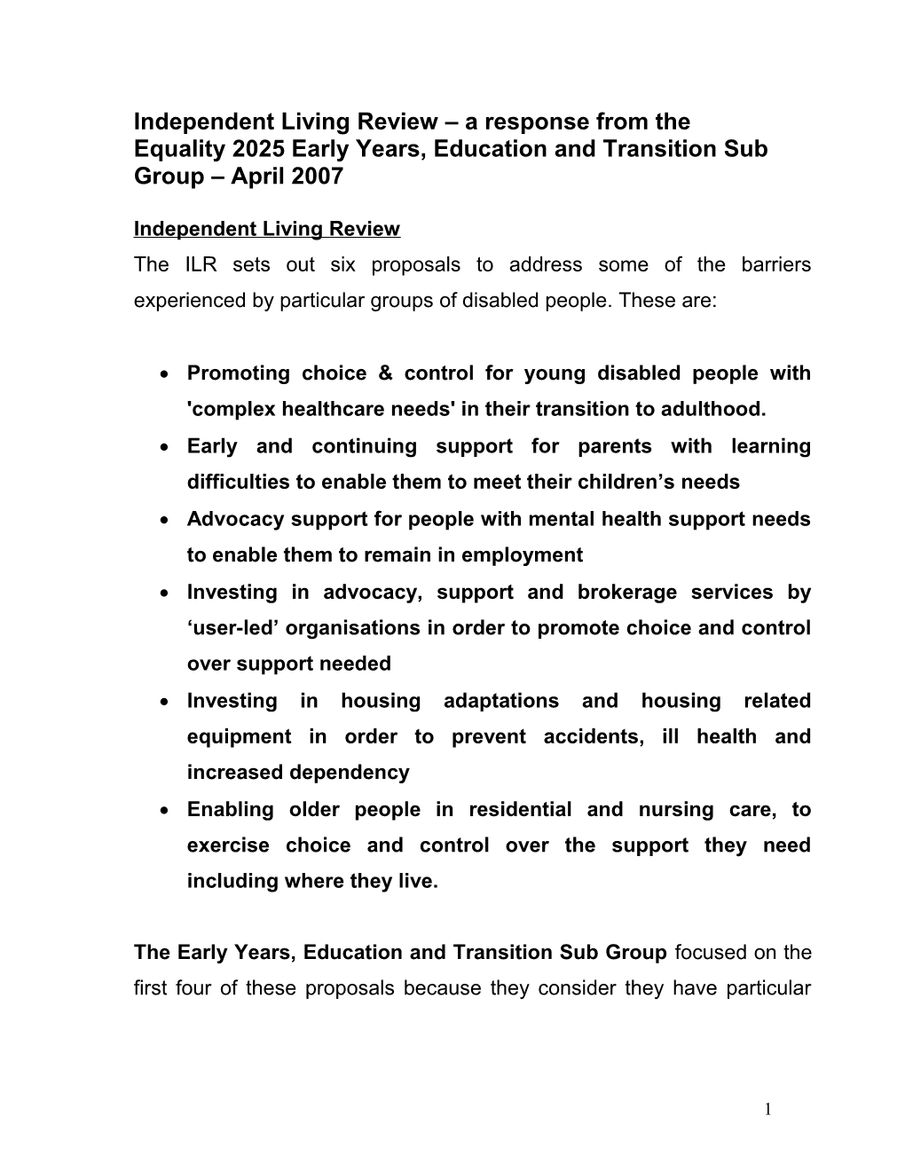 Independent Living Review a Response from the Equality 2025 Early Years, Education And