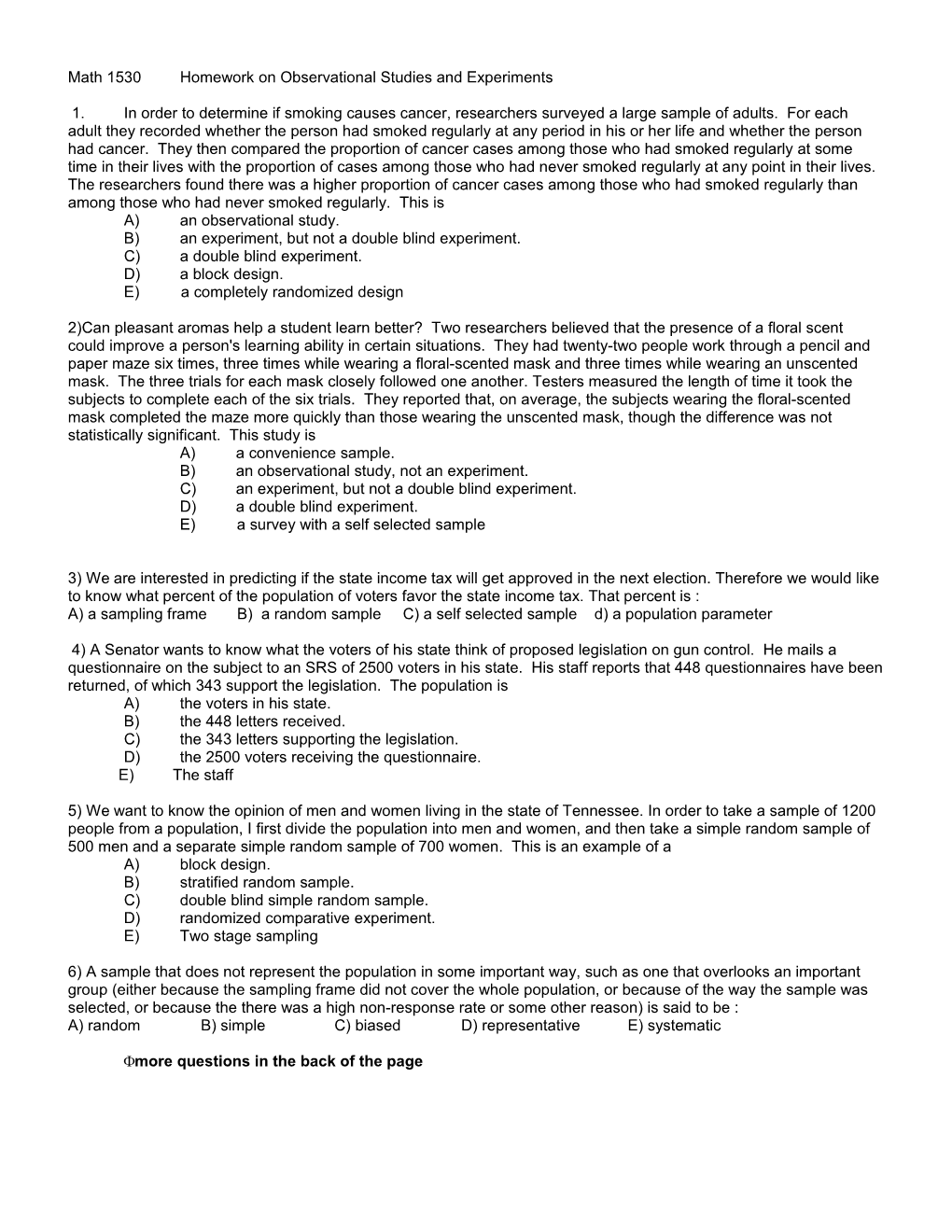 Math 1530 Homework on Observational Studies and Experiments