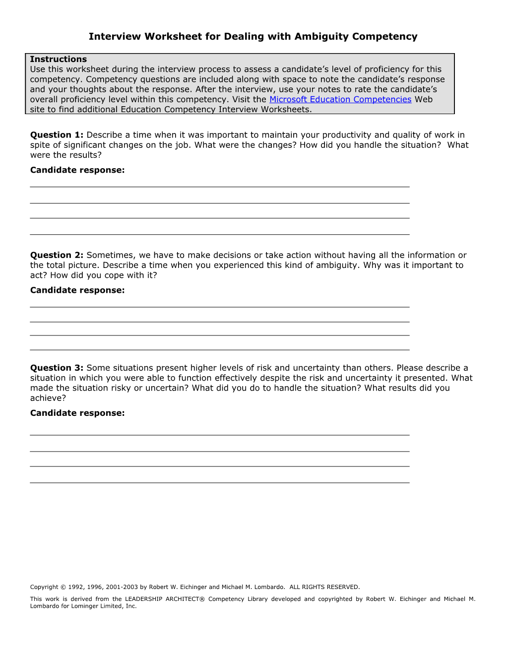 Interview Worksheet for Dealing with Ambiguity Competency