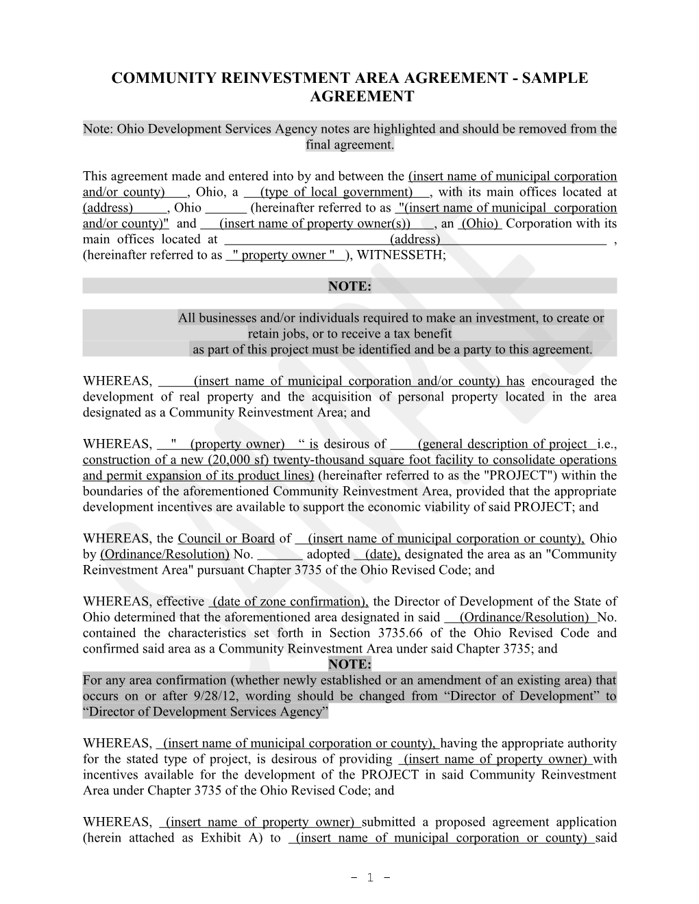 Community Reinvestment Area Agreement - Sample Agreement