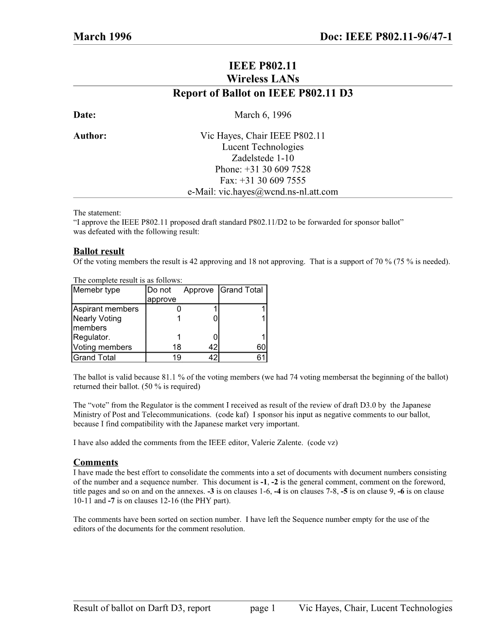 Report of Ballot on IEEE P802.11 D3