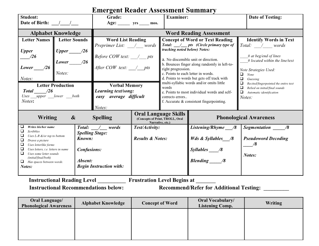 Emergent Reader Literacy Assessment Summary