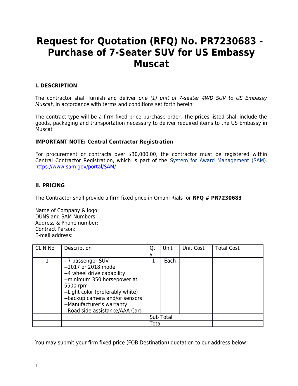 Request for Quotation (RFQ) No. PR7230683 - Purchase of 7-Seater SUV for US Embassy Muscat