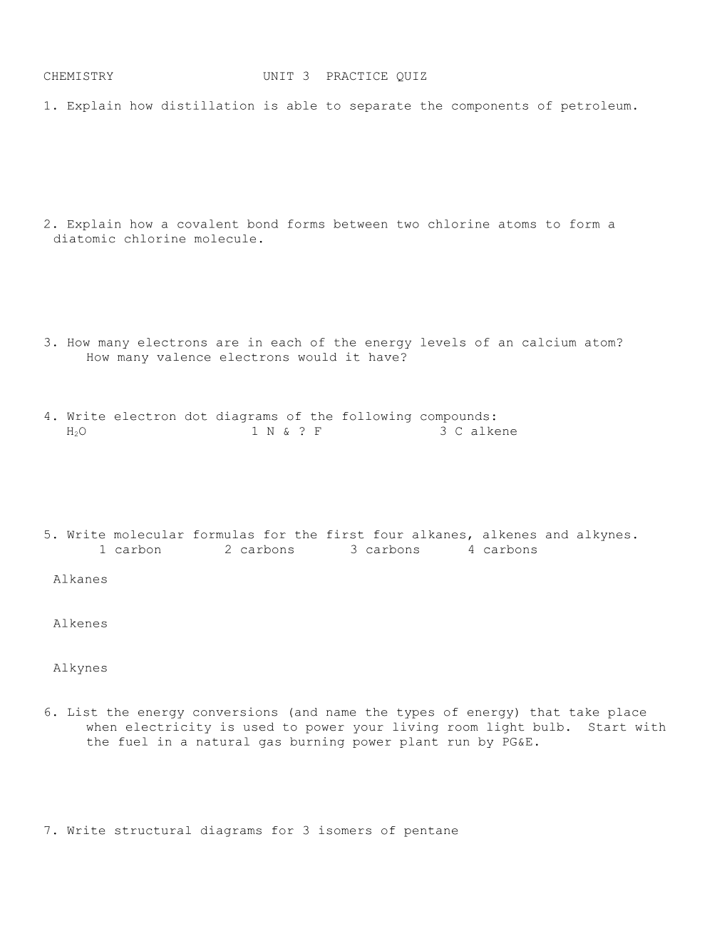 Chemistry Unit 3 Practice Quiz