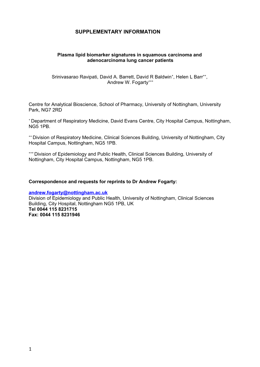 Plasma Lipid Biomarker Signatures in Squamous Carcinoma And