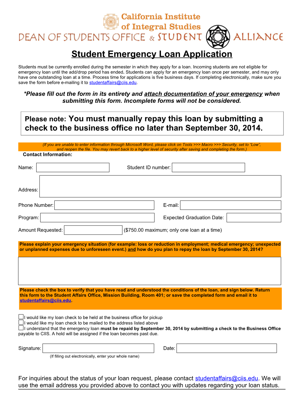 Student Emergency Loan Application
