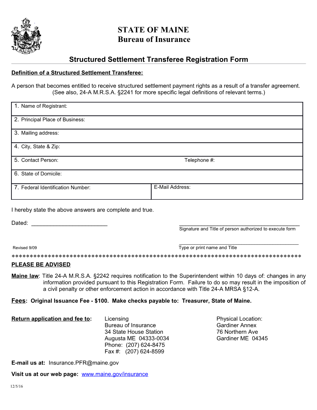 Structured Settlement Transferee Registration Form