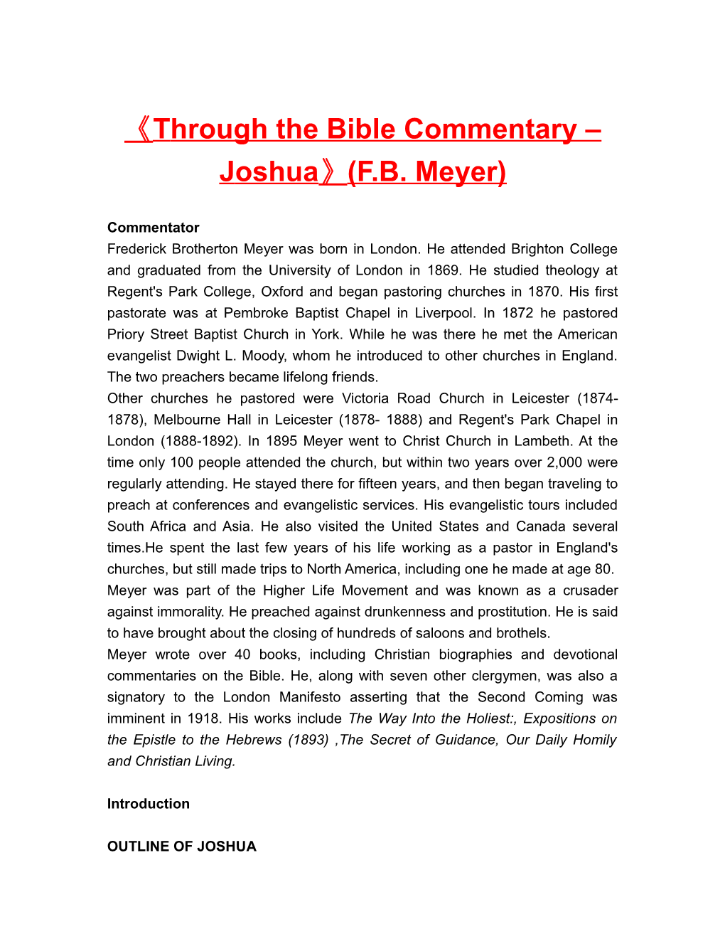 Through the Bible Commentary Joshua (F.B. Meyer)