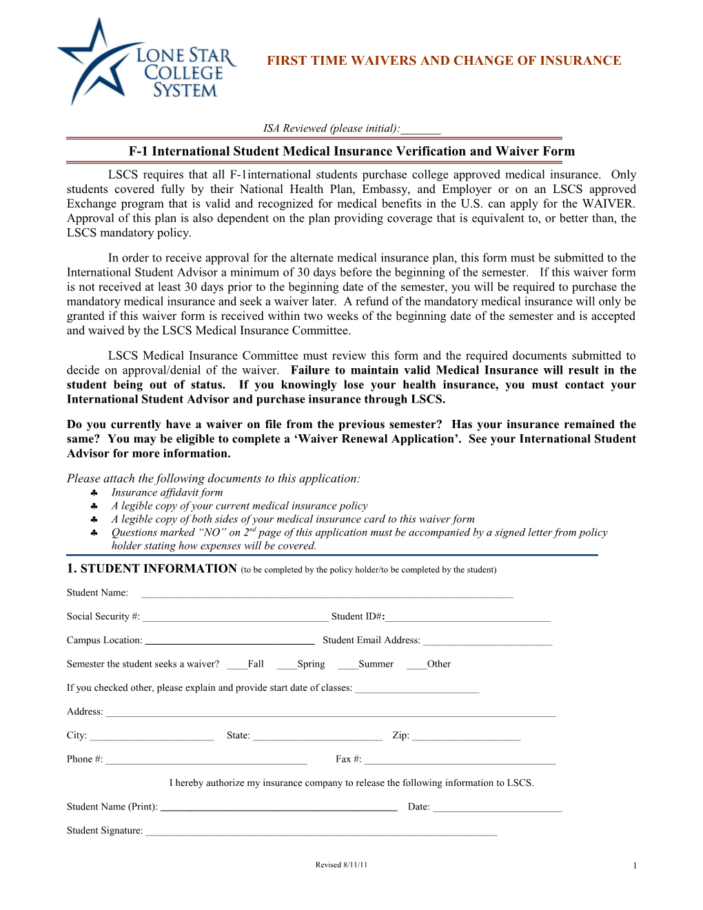 International Student Health Insurance Verification and Waiver Form