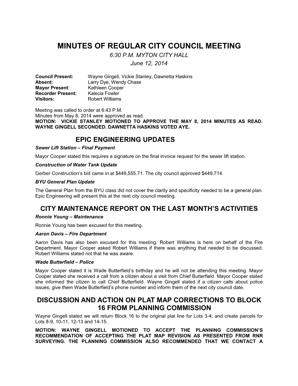 Minutes of Regular City Council Meeting s1