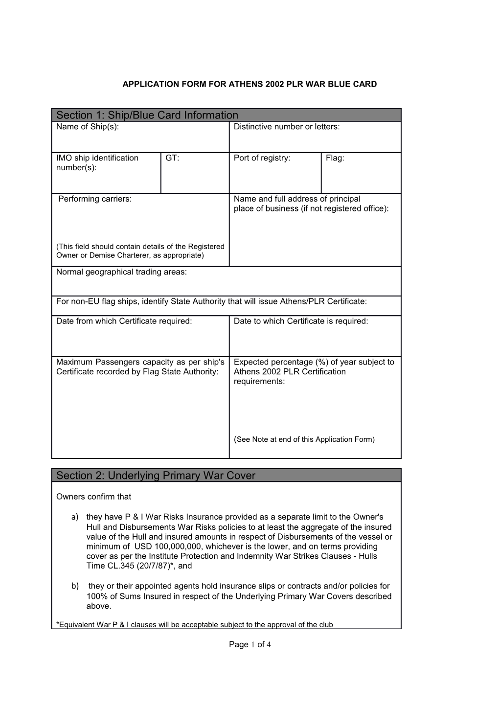 Application Form for Athens 2002 Plr War Blue Card