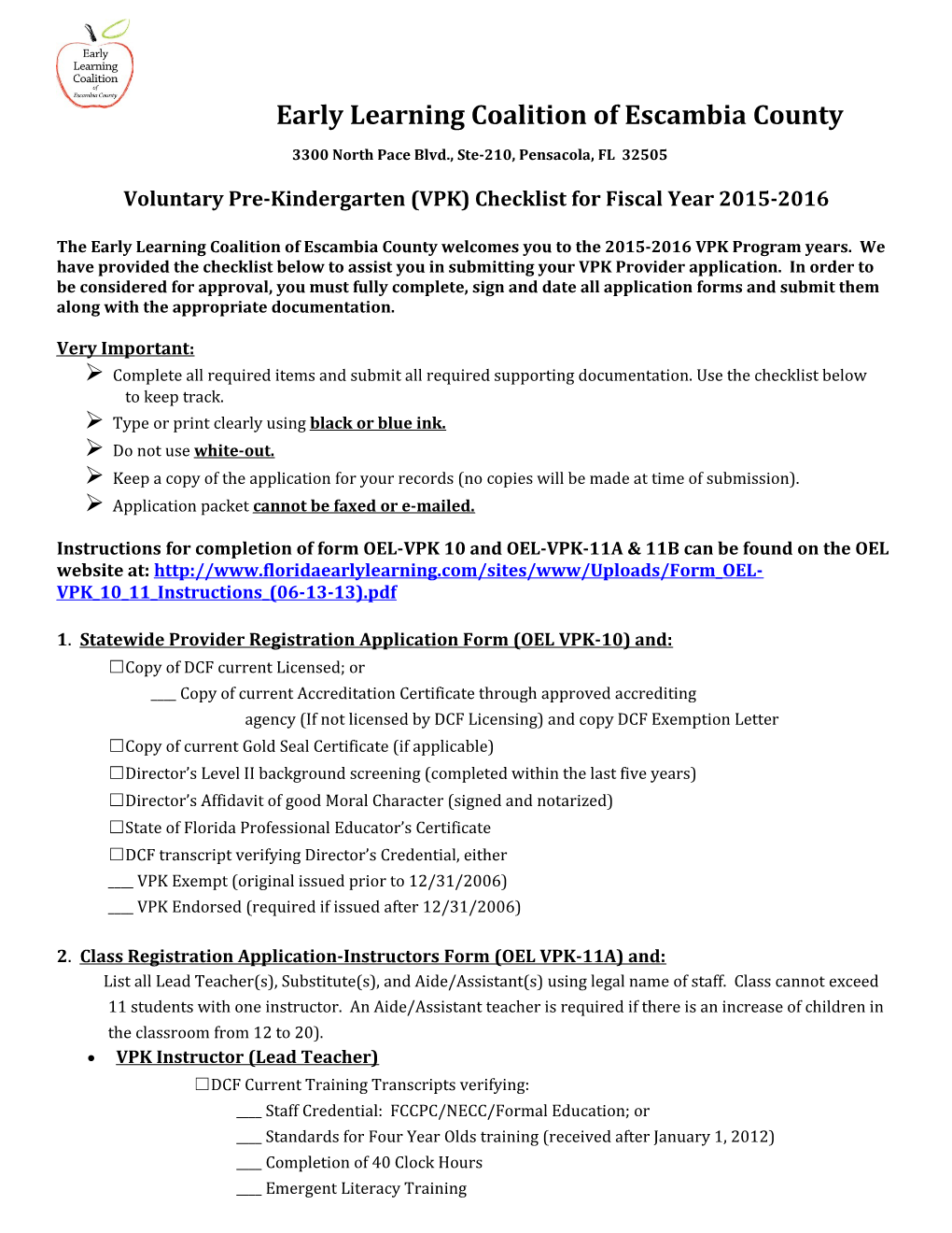Voluntary Pre-Kindergarten (VPK) Checklist for Fiscal Year 2015-2016