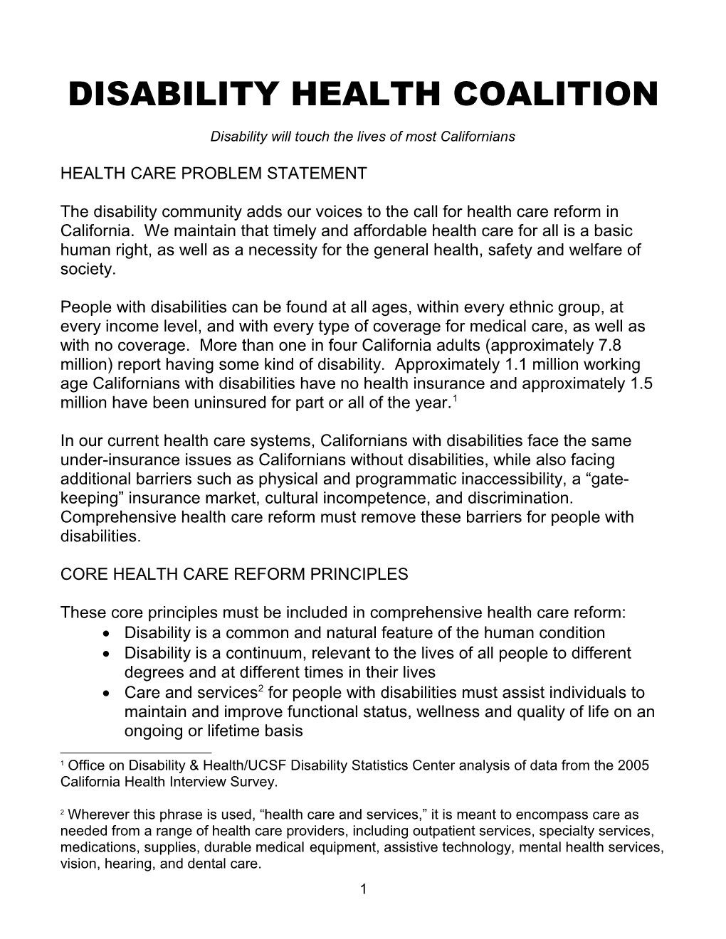 Disability Health Coalition Health Care Reform Principles