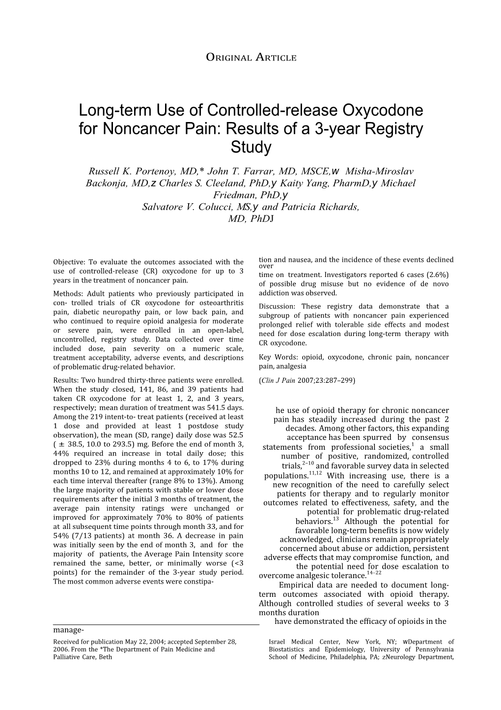 Long-Term Use of Controlled-Release Oxycodone for Noncancer Pain: Results of a 3-Year Registry