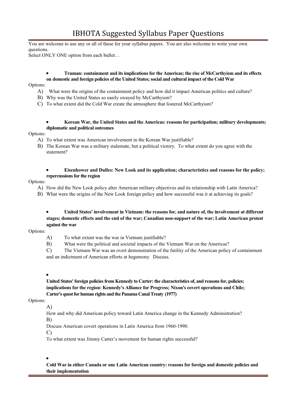 IBHOTA Suggested Syllabus Paper Questions