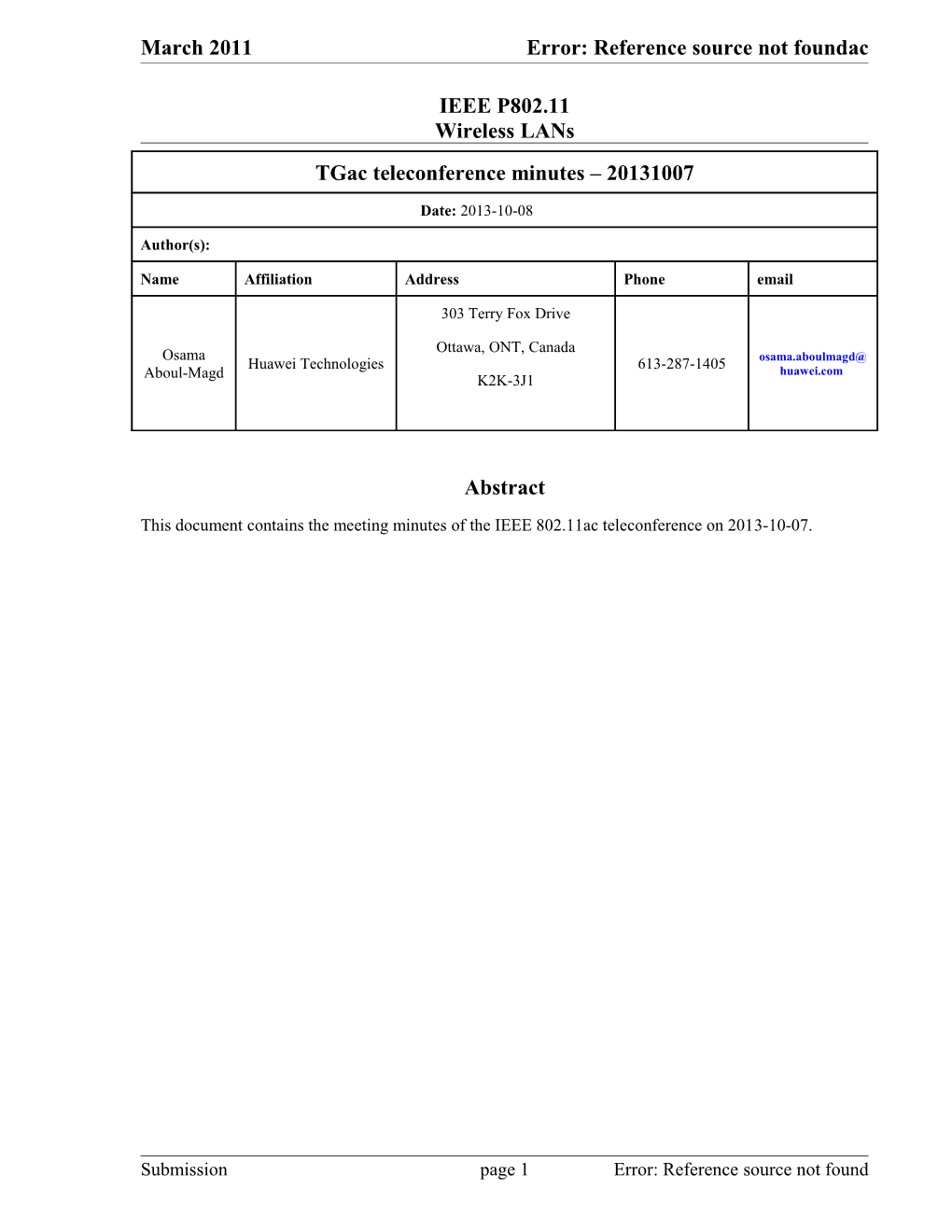 This Document Contains the Meeting Minutes of the IEEE 802.11Ac Teleconference on 2013-10-07