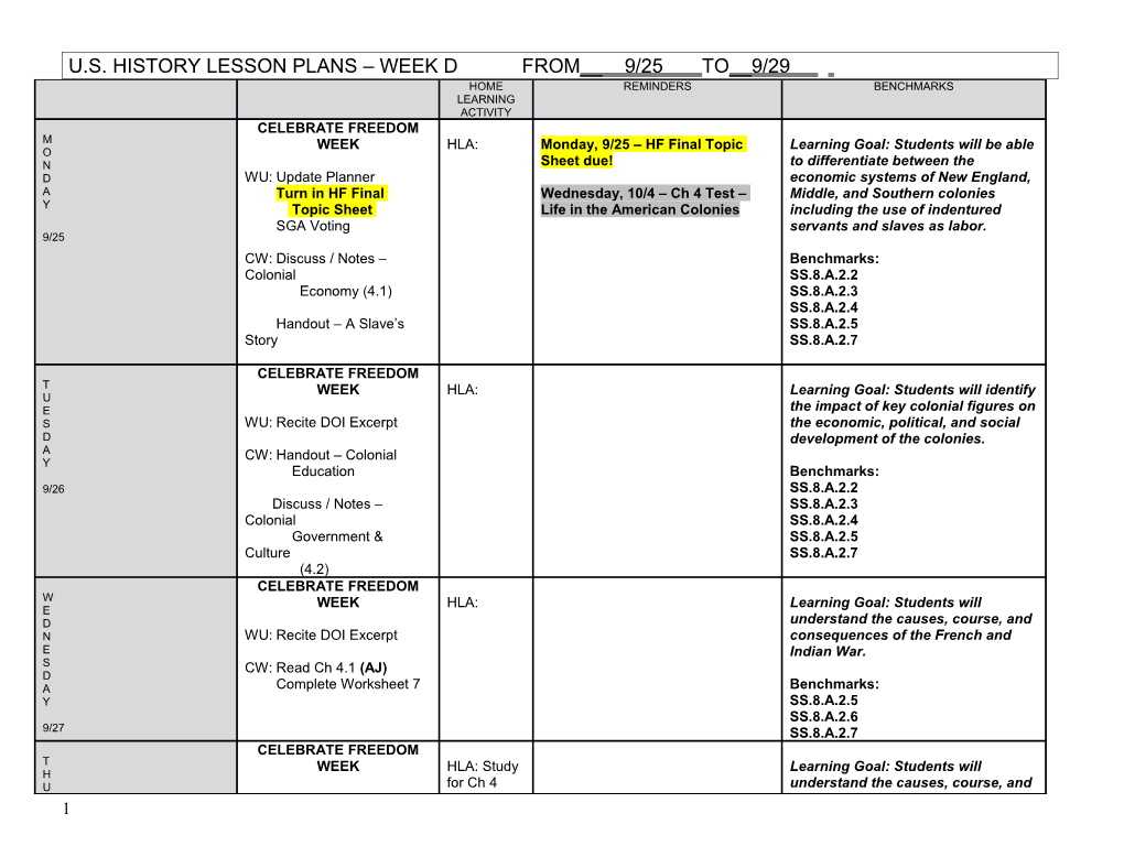 U.S. History Lesson Plans Week Dfrom__ 9/25 To__9/29