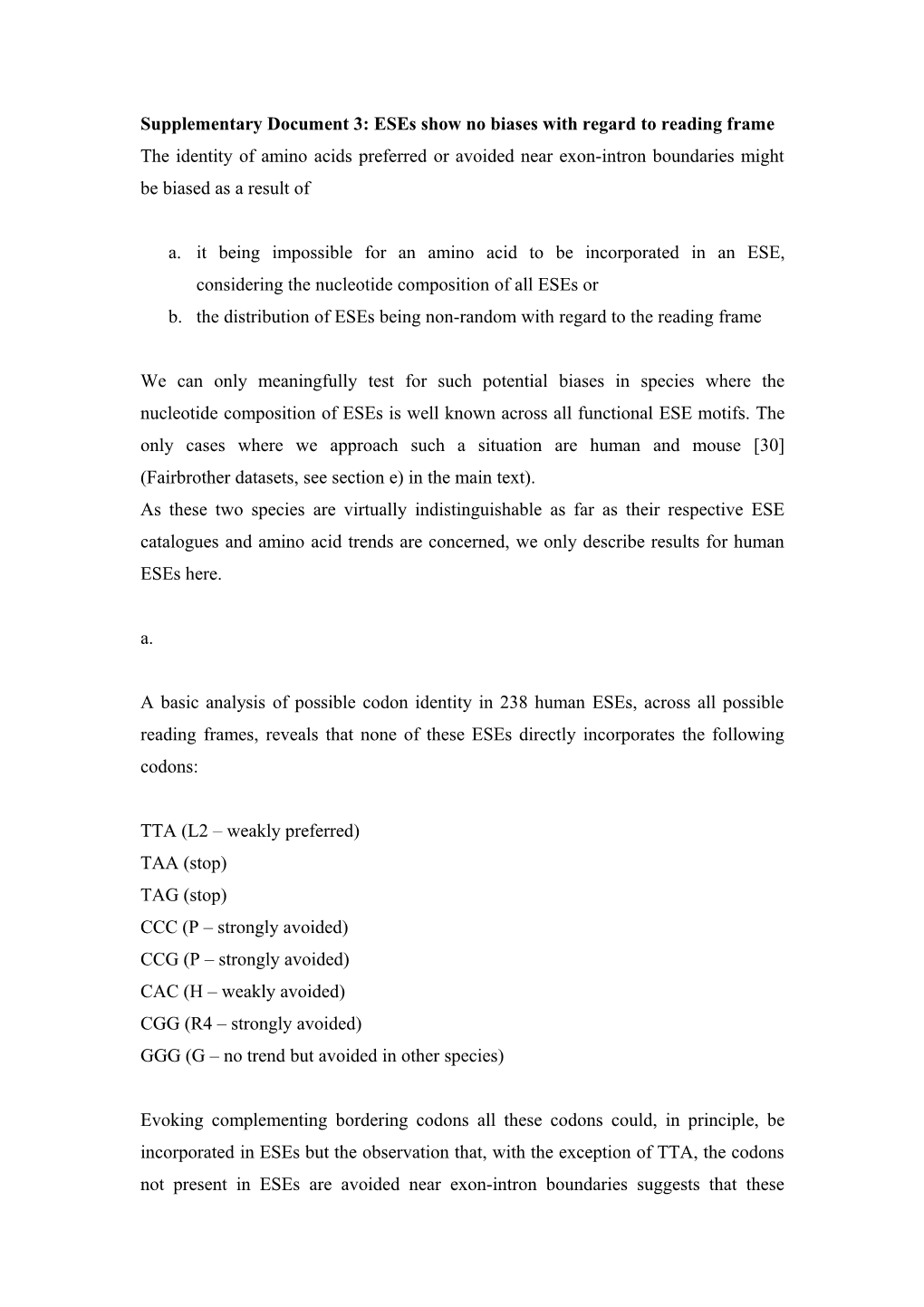 Supplementary Document 3: Eses Show No Biases with Regard to Reading Frame