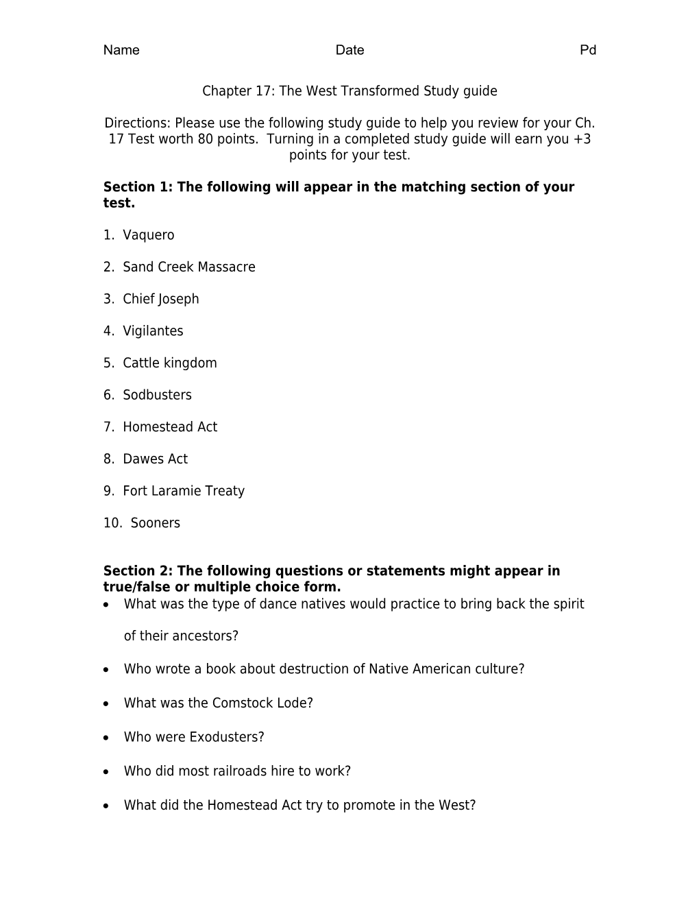 Chapter 17: the West Transformed Study Guide