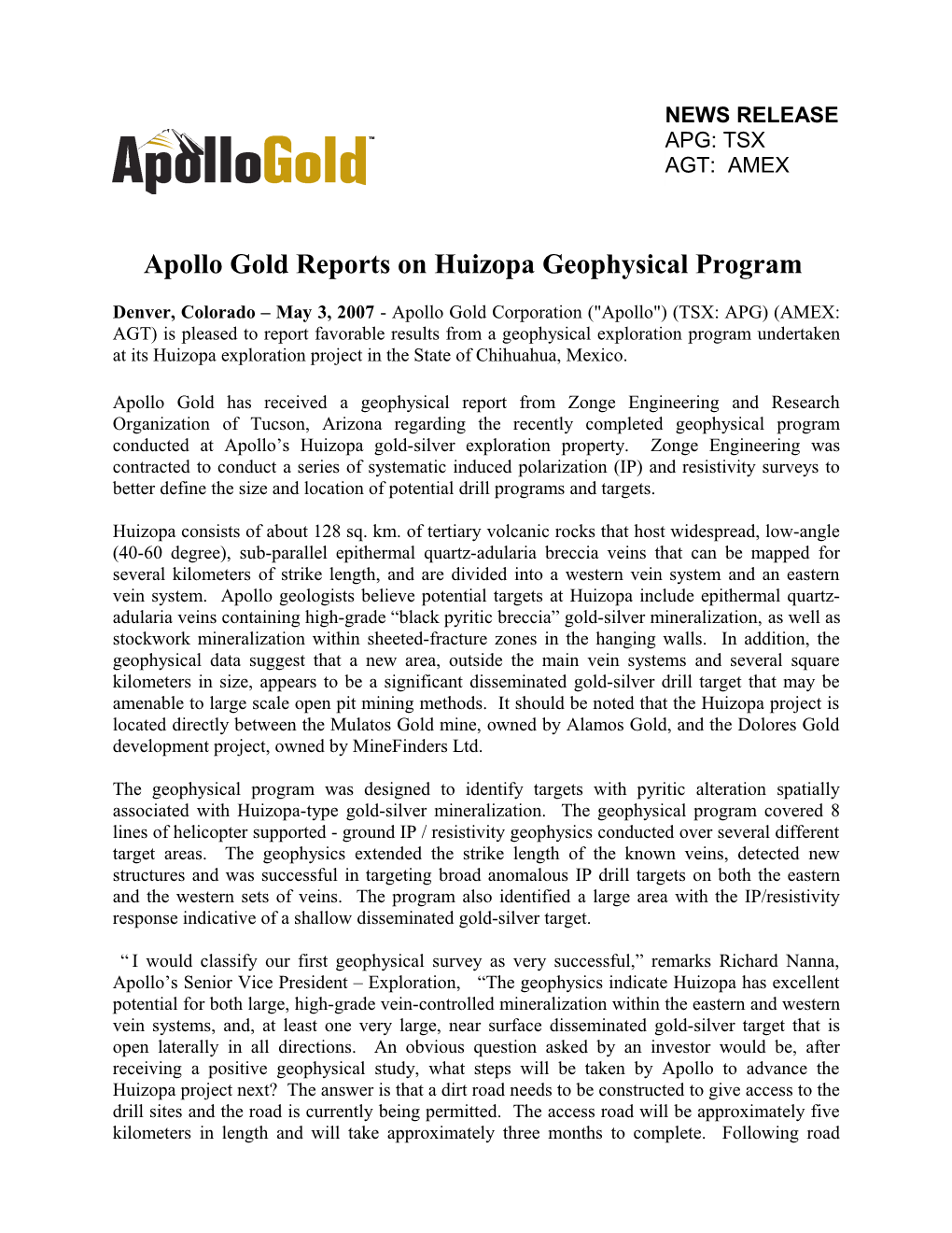 Additional High-Grade Gold Intercepts Reported at Apollo Gold S Black Fox Project