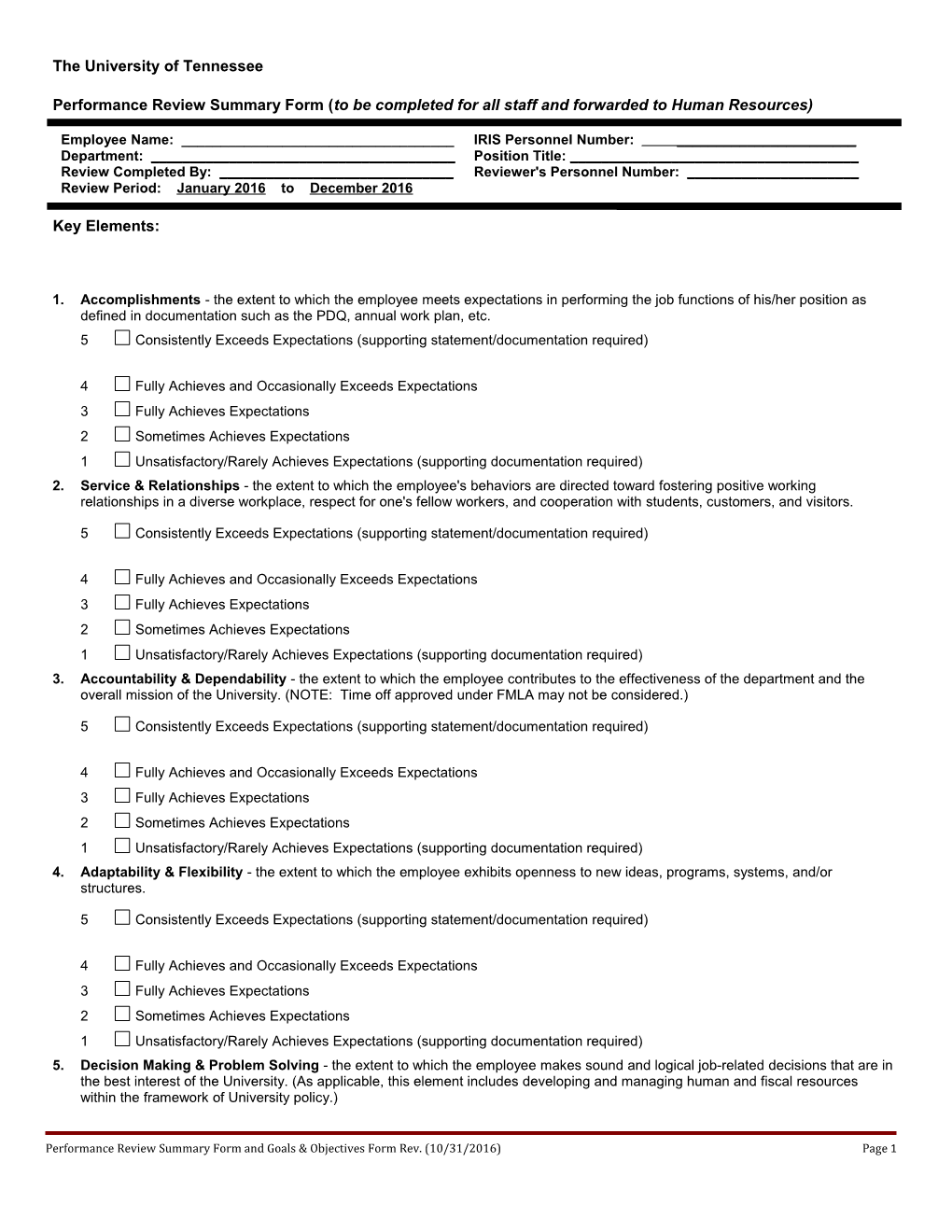 Performance Review Summary Form (To Be Completed for All Staff and Forwarded to Human