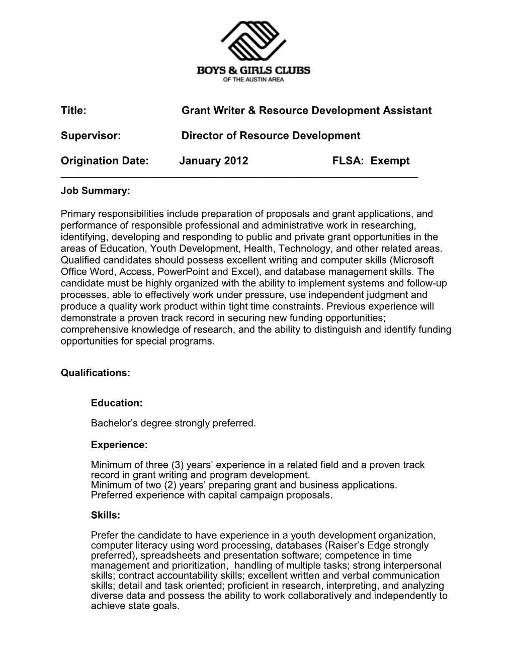 Title: Grant Writer & Resource Development Assistant