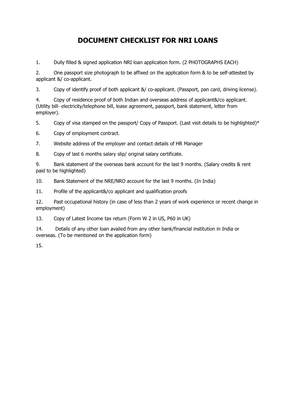 Document Checklist for Nri Loans