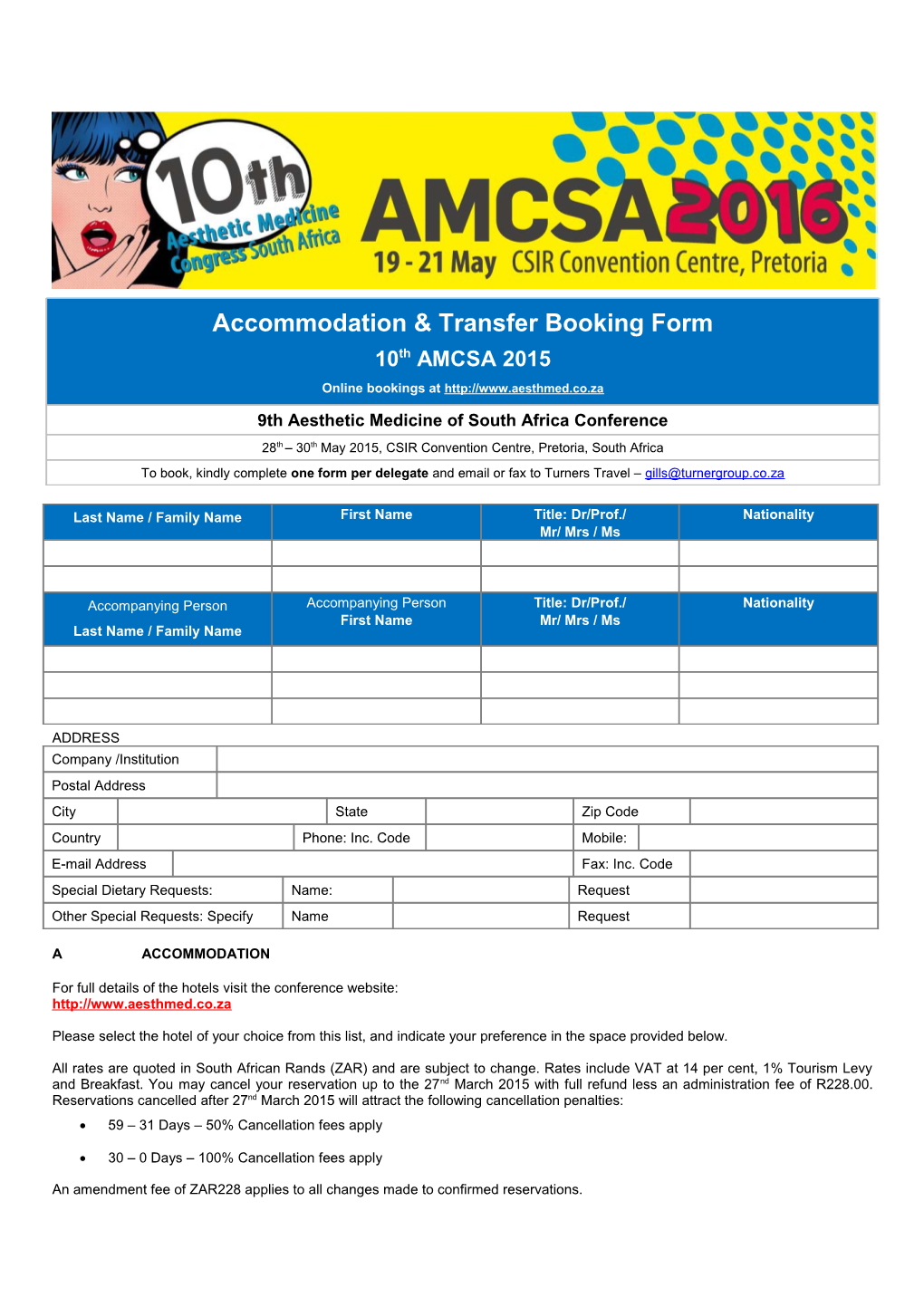 Accommodation & Transfer Booking Form