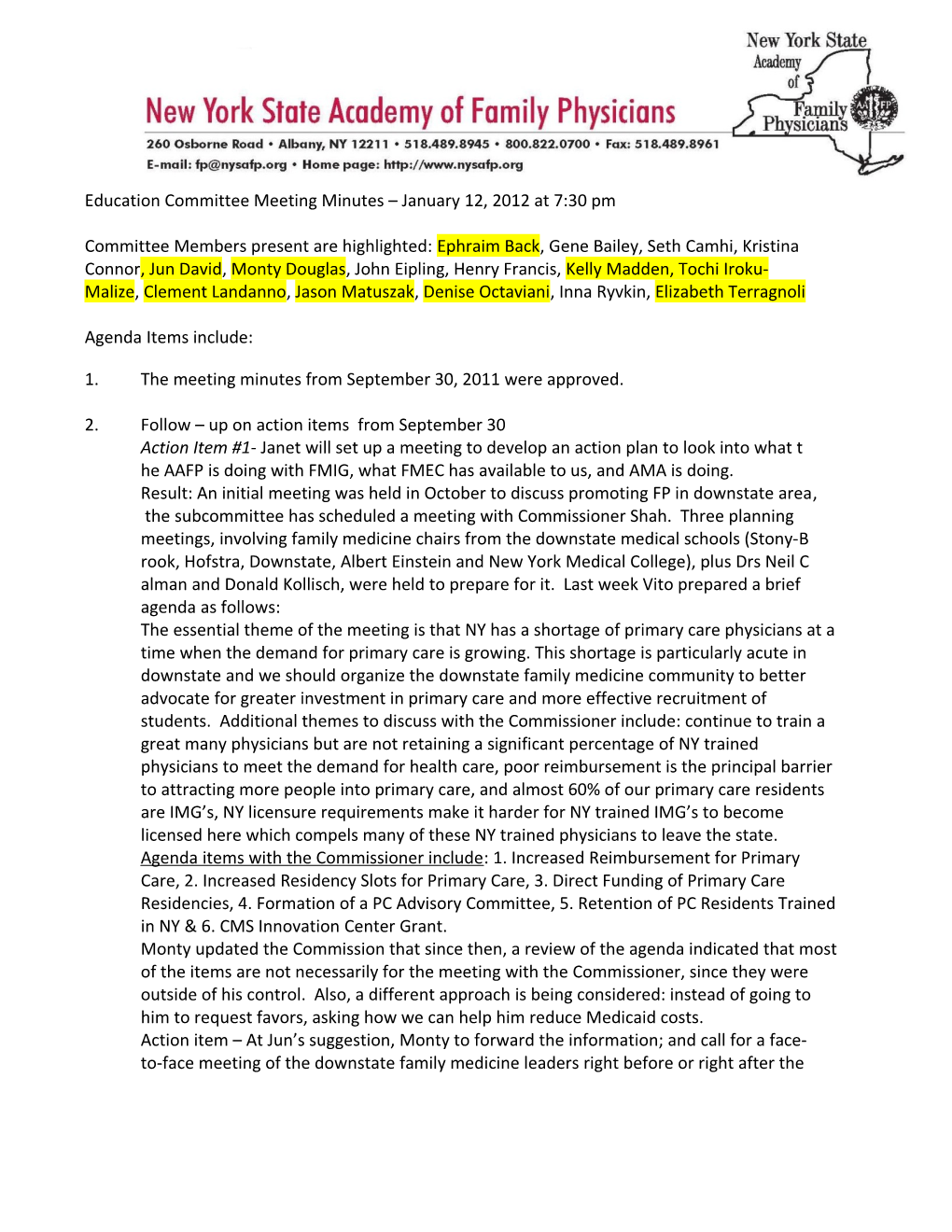 Education Committee Meeting Minutes January 12, 2012 at 7:30 Pm