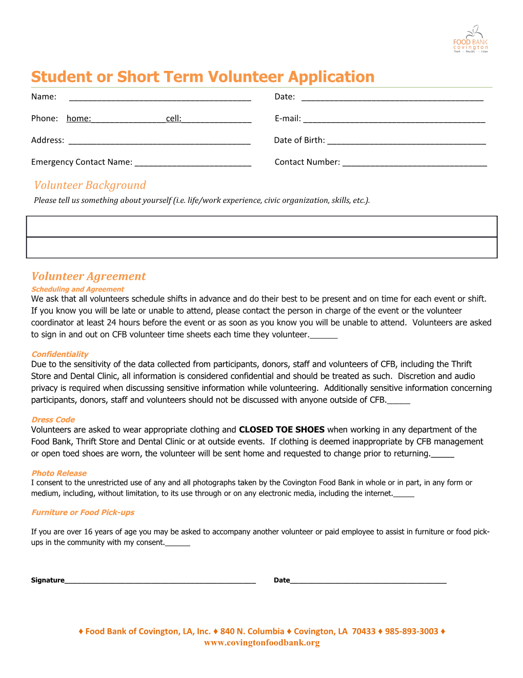 Student Or Short Term Volunteer Application