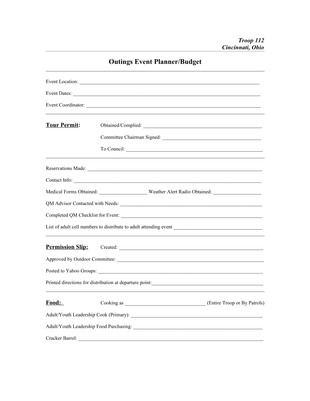 Outings Event Planner/Budget