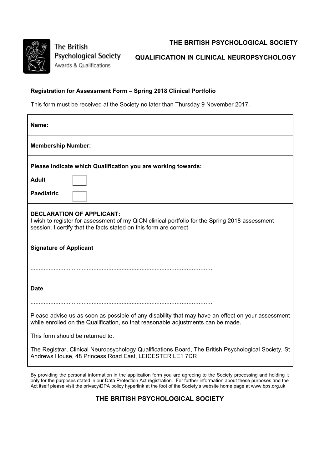 Registration for Assessment Form Spring 2018 Clinical Portfolio