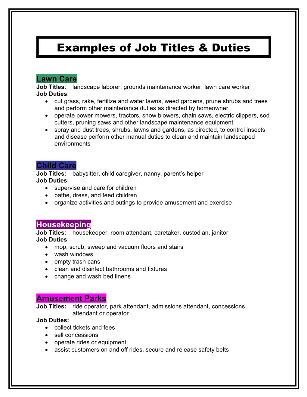 Examples of Job Titles & Duties