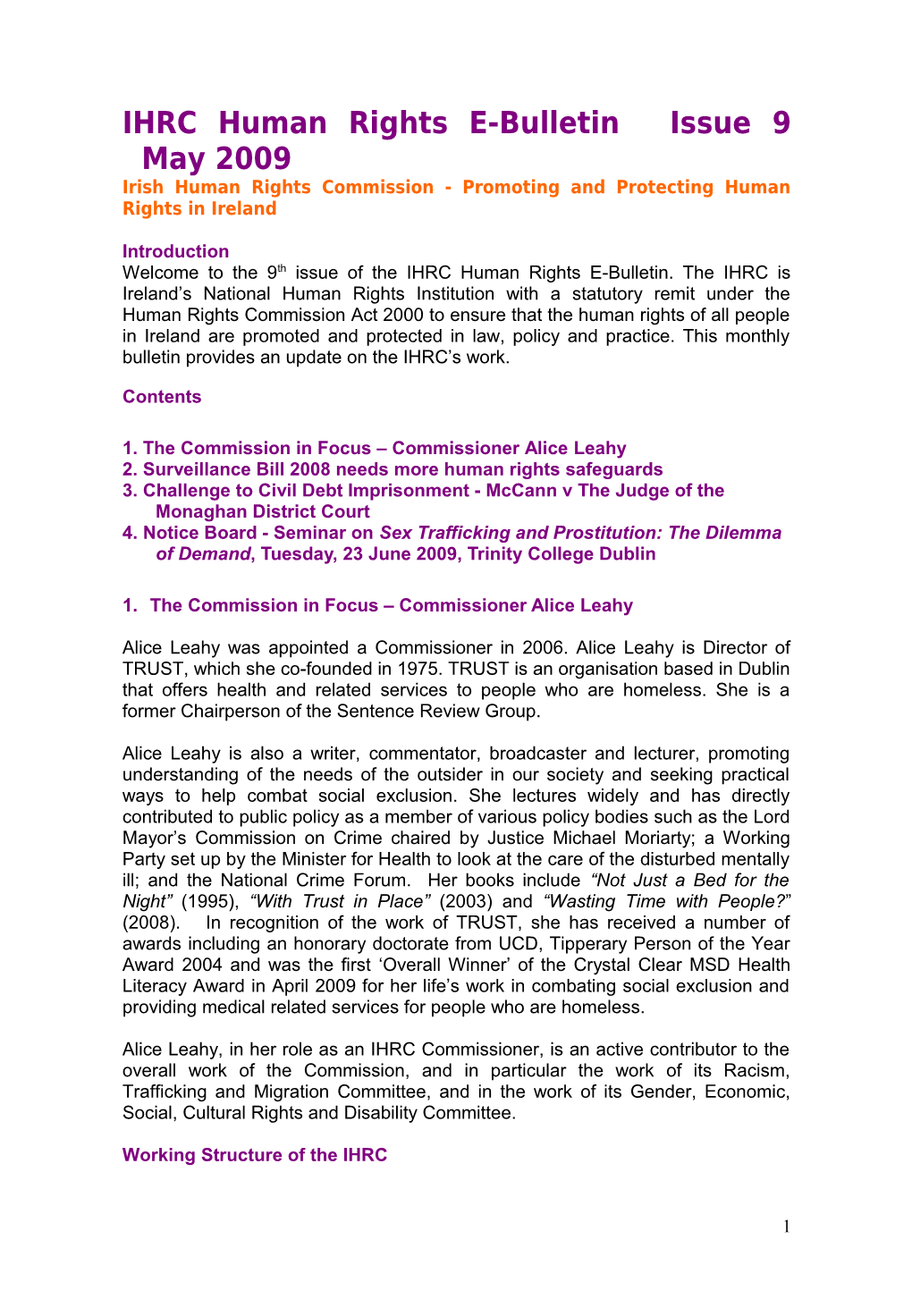 IHRC Human Rights E-Bulletin Issue 8 April 2009