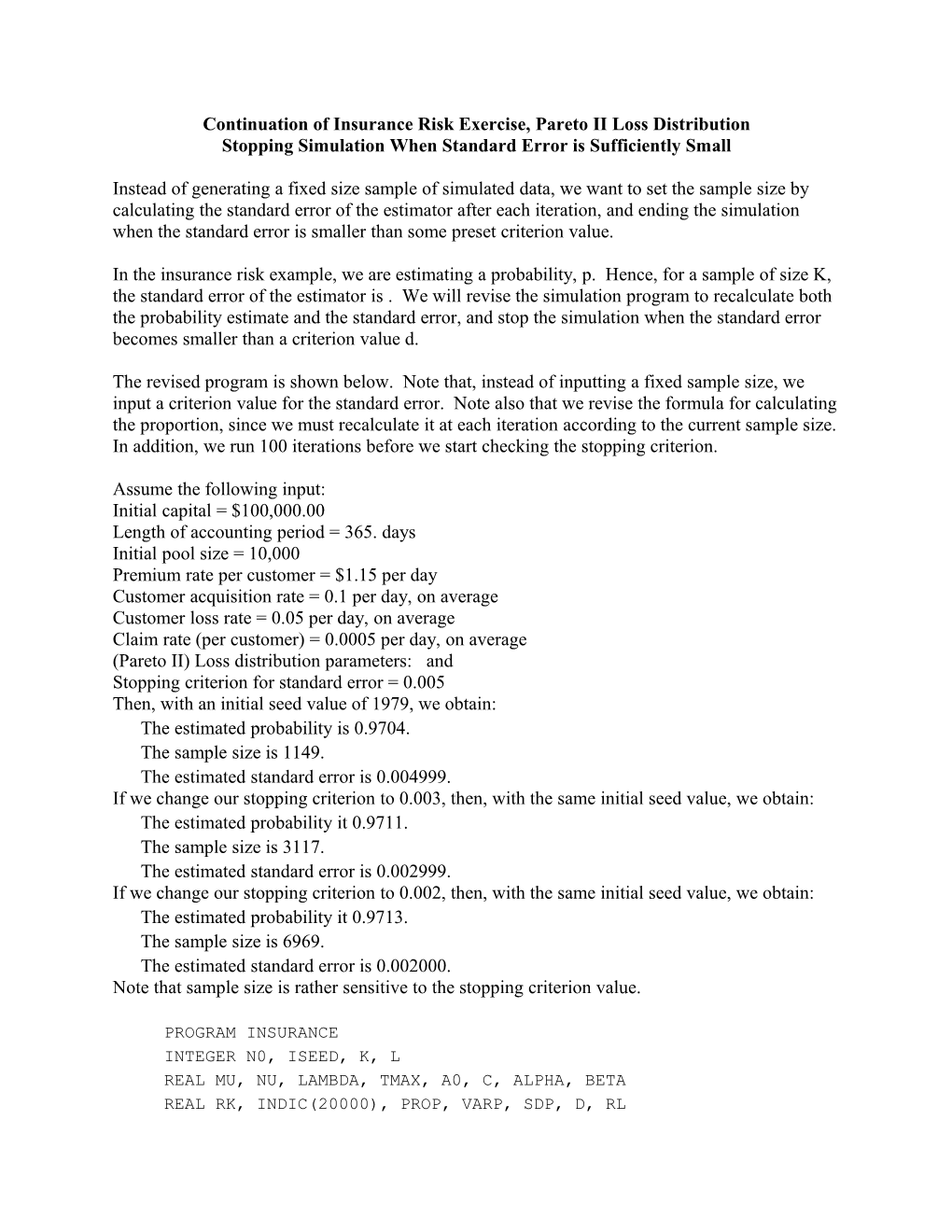 Continuation of Insurance Risk Exercise, Pareto II Loss Distribution