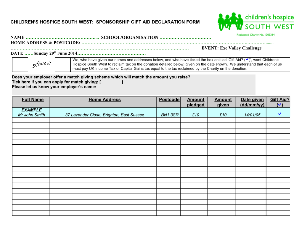 Children S Hospice South West: Sponsorship Gift Aid Declaration Form