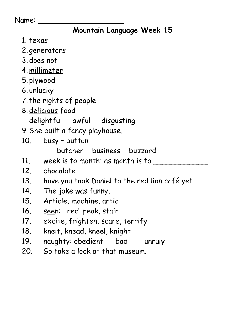 Mountain Language Answer Sheet s1